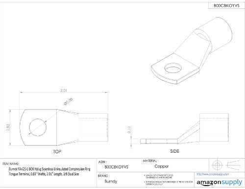 Burndy YAV25-L Box Hylug Seamless Uninsulated Compression Ring Tongue Terminal, 0.83" Width, 2.01" Length, 3/8 Stud Size