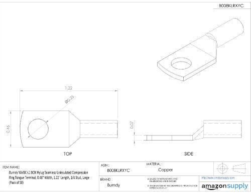 Burndy YAV8C-L1 Box Hylug Seamless Uninsulated Compression Ring Tongue Terminal, 0.46" Width, 1.22" Length, 1/4 Stud, Large (Pack of 50)