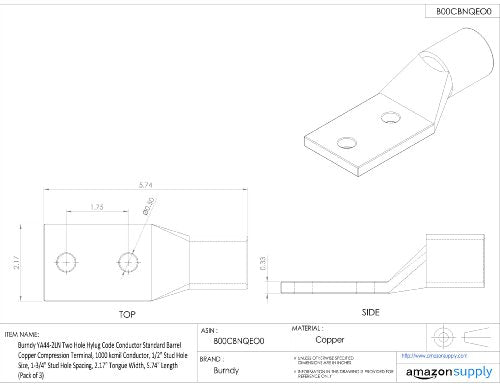 Burndy YA44-2LN Two Hole Hylug Code Conductor Standard Barrel Copper Compression Terminal, 1000 kcmil Conductor, 1/2" Stud Hole Size, 1-3/4" Stud Hole Spacing, 2.17" Tongue Width, 5.74" Length (Pack of 3)