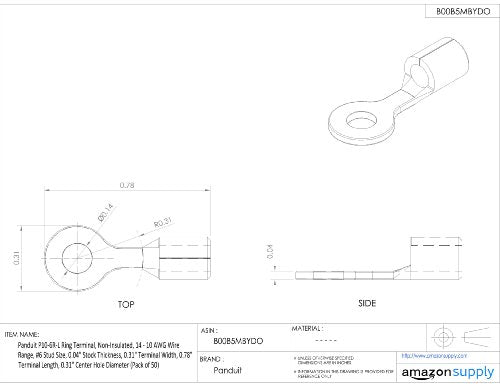 Panduit P10-6R-L Ring Terminal, Non-Insulated, 14 - 10 AWG Wire Range, #6 Stud Size, 0.04" Stock Thickness, 0.31" Terminal Width, 0.78" Terminal Length, 0.15" Center Hole Diameter (Pack of 50)