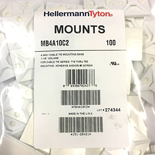 Hellermann Tyton MB4A10C2 151-28421 4 Way Mount White Rubber Adhesive 1.12" X 1.12" - 100 Pack