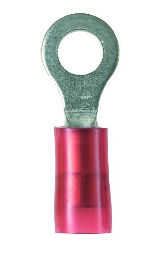 Panduit PN18-6R-C Ring Terminal, Nylon Insulated, 22 - 18 AWG Wire Range, #6 Stud Size, Red, 0.03 Stock Thickness, 0.145 Max Insulation, 0.25 Terminal Width, 0.80 Terminal Length, 0.15 Center Hole Diameter (Pack of 100) by Panduit