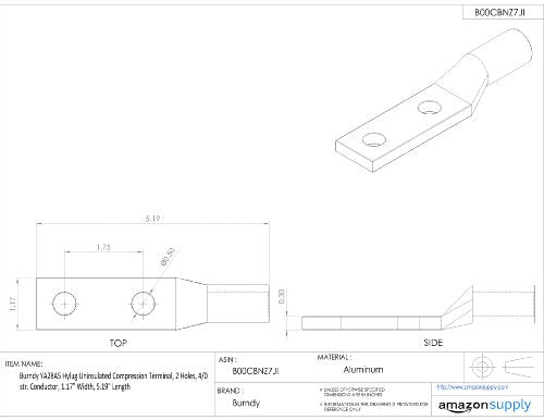 Burndy YA28A5 Hylug Uninsulated Compression Terminal, 2 Holes, 4/0 str. Conductor, 1.17" Width, 5.19" Length