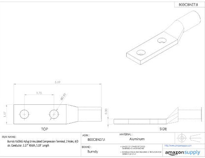 Burndy YA28A5 Hylug Uninsulated Compression Terminal, 2 Holes, 4/0 str. Conductor, 1.17" Width, 5.19" Length