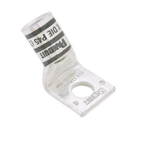 Panduit LCAX2/0-38H-X Flex Conductor Lug, One Hole, Standard Barrel With Window, 45 Degree Angle, 2/0 AWG Code Conductor Size, 2/0 AWG Diesel Locomotive Size, 2/0 AWG Class G/H/I/K/M Conductor Size, 3/8" Stud Hole Size, Black Color Code, 7/8" Wire Strip L