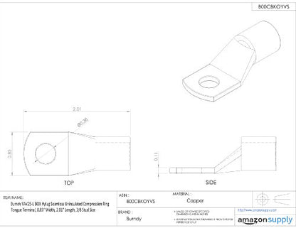Burndy YAV25-L Box Hylug Seamless Uninsulated Compression Ring Tongue Terminal, 0.83" Width, 2.01" Length, 3/8 Stud Size
