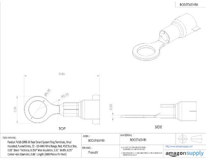 Panduit PV18-10RB-3K Reel Smart System Ring Terminals, Vinyl Insulated, Funnel Entry, 22 - 18 AWG Wire Range, Red, #10 Stud Size, 0.03" Stock Thickness, 0.150" Max Insulation, 0.31" Width, 0.2" Center Hole Diameter, 0.86" Length (3000 Pieces Per Reel)