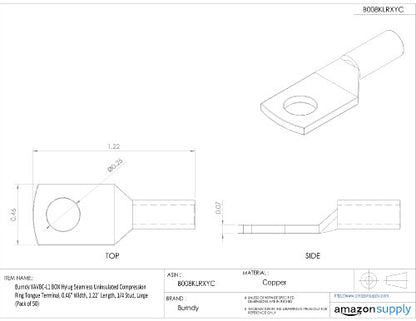 Burndy YAV8C-L1 Box Hylug Seamless Uninsulated Compression Ring Tongue Terminal, 0.46" Width, 1.22" Length, 1/4 Stud, Large (Pack of 50)