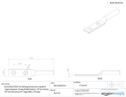 Burndy YA6C2TC14E2 Two Hole Hylug Code Conductor Long Barrel Copper Compression Terminal, #6 AWG Conductor, 1/4" Stud Hole Size, 3/4" Stud Hole Spacing, 0.45" Tongue Width, 2.78" Length,Blue