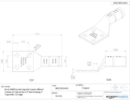 Burndy YA444N Four Hole Hylug Code Conductor, 1000 kcmil Conductor, 1/2" Stud Hole Size, 1.75" Stud Hole Spacing, 3" Tongue Width, 7.14" Length