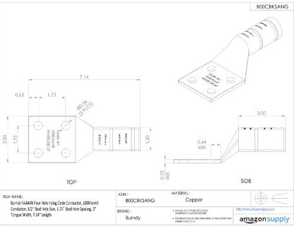 Burndy YA444N Four Hole Hylug Code Conductor, 1000 kcmil Conductor, 1/2" Stud Hole Size, 1.75" Stud Hole Spacing, 3" Tongue Width, 7.14" Length