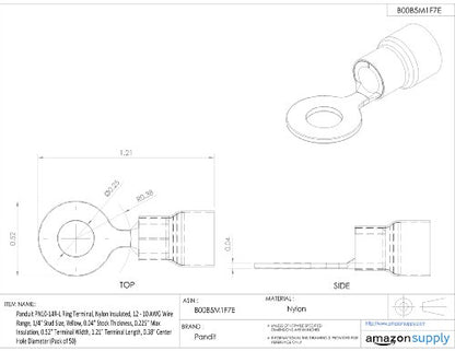 Panduit PN10-14R-L Ring Terminal, Nylon Insulated, 12 - 10 AWG Wire Range, 1/4" Stud Size, Yellow, 0.04" Stock Thickness, 0.225" Max Insulation, 0.52" Terminal Width, 1.21" Terminal Length, 0.27" Center Hole Diameter (Pack of 50)