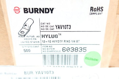 Box of 500 New BURNDY YAV10T3 HYLUG 12-10 Heavy Duty Ring Terminal D608194