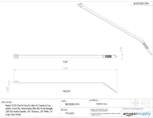 Panduit PLT2S-C Pan-Ty Cable Tie, Nylon 6.6, Standard Cross Section, Curved Tip, Plenum-Rated, 50lbs Min Tensile Strength, 1.88" Max Bundle Diameter, 0.052" Thickness, 0.19" Width, 7.4" Length, Natural (Pack of 100)