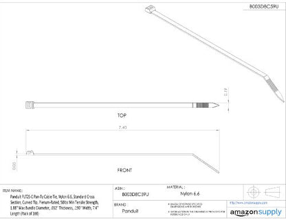 Panduit PLT2S-C Pan-Ty Cable Tie, Nylon 6.6, Standard Cross Section, Curved Tip, Plenum-Rated, 50lbs Min Tensile Strength, 1.88" Max Bundle Diameter, 0.052" Thickness, 0.19" Width, 7.4" Length, Natural (Pack of 100)