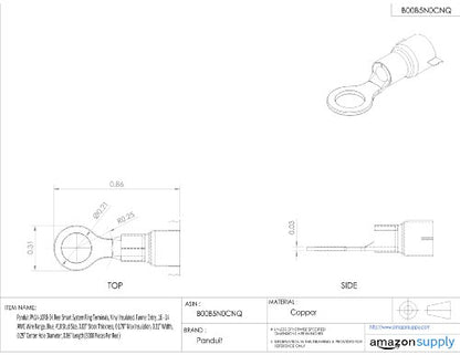 Panduit PV14-10RB-3K Reel Smart System Ring Terminals, Vinyl Insulated, Funnel Entry, 16 - 14 AWG Wire Range, Blue, #10 Stud Size, 0.03" Stock Thickness, 0.170" Max Insulation, 0.31" Width, 0.2" Center Hole Diameter, 0.86" Length (3000 Pieces Per Reel)