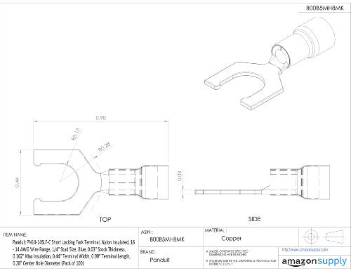 Panduit PN14-14SLF-C Short Locking Fork Terminal, Nylon Insulated, 16 - 14 AWG Wire Range, 1/4" Stud Size, Blue, 0.03" Stock Thickness, 0.162" Max Insulation, 0.44" Terminal Width, 0.90" Terminal Length, 0.28" Center Hole Diameter (Pack of 100)
