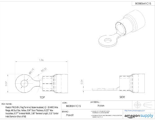 Panduit PN10-6R-L Ring Terminal, Nylon Insulated, 12 - 10 AWG Wire Range, #6 Stud Size, Yellow, 0.04" Stock Thickness, 0.225" Max Insulation, 0.37" Terminal Width, 1.06" Terminal Length, 0.15" Center Hole Diameter (Pack of 50)