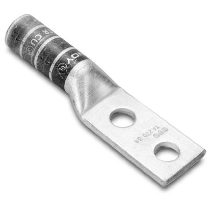 Burndy YA6C2TC14E2 Two Hole Hylug Code Conductor Long Barrel Copper Compression Terminal, #6 AWG Conductor, 1/4" Stud Hole Size, 3/4" Stud Hole Spacing, 0.45" Tongue Width, 2.78" Length,Blue