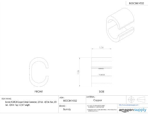 Burndy YC28C28 Copper Crimpit Connector, 3/0 Sol. - 4/0 Str. Run, 3/0 Sol. - 4/0 Str. Tap, 1-1/16" Length