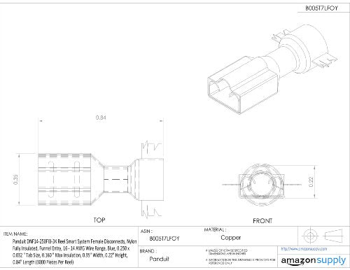 Panduit DNF14-250FIB-3K Reel Smart System Female Disconnects, Nylon Fully Insulated, Funnel Entry, 16 - 14 AWG Wire Range, Blue, 0.250 x 0.032 " Tab Size, 0.160 " Max Insulation, 0.35" Width, 0.22" Height, 0.84" Length (3000 Pieces Per Reel)