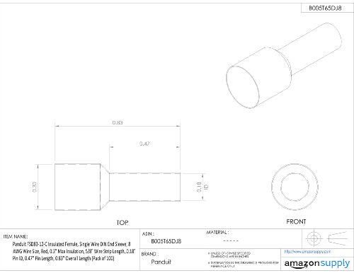 Panduit FSD83-18-C Insulated Ferrule, Single Wire DIN End Sleeve, 8 AWG Wire Size, Red, 0.3" Max Insulation, 7/8" Wire Strip Length, 0.18" Pin ID, 0.71" Pin Length, 1.06" Overall Length (Pack of 100)