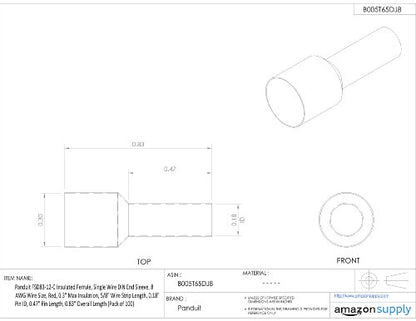 Panduit FSD83-18-C Insulated Ferrule, Single Wire DIN End Sleeve, 8 AWG Wire Size, Red, 0.3" Max Insulation, 7/8" Wire Strip Length, 0.18" Pin ID, 0.71" Pin Length, 1.06" Overall Length (Pack of 100)