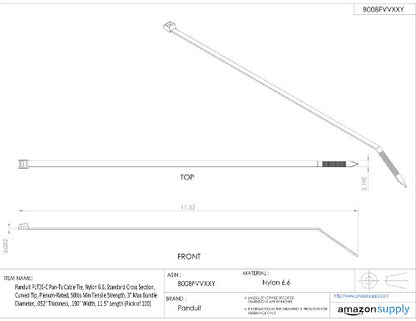 Panduit PLT4S-C Pan-Ty Cable Tie, Nylon 6.6, Standard Cross Section, Curved Tip, Plenum-Rated, 50lbs Min Tensile Strength, 4.0" Max Bundle Diameter, 0.052" Thickness, 0.19" Width, 14.5" Length, Natural (Pack of 100)