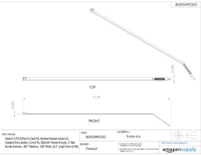 Panduit PLT4H-TL30 Pan-Ty Cable Tie, Heat Stabilized Nylon 6.6, Light-Heavy Cross Section, Straight Tip, 120lbs Min Tensile Strength, 4.0" Max Bundle Diameter, 0.075" Thickness, 0.30" Width, 14.5" Length, Black (Pack of 250)