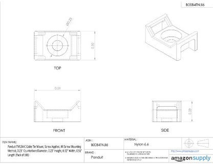 Panduit TM1S4-C Cable Tie Mount, Screw Applied, #4 Screw Mounting Method, 0.23" Counterbore Diameter, 0.23" Height, 0.32" Width, 0.51" Length, Natural (Pack of 100)