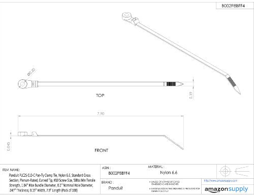 Panduit PLC2S-S6-C Pan-Ty Clamp Tie, Nylon 6.6, Standard Cross Section, Plenum-Rated, Curved Tip, #6 Screw Size, 50lbs Min Tensile Strength, 1.84" Max Bundle Diameter, .148" Nominal Hole Diameter, .047" Thickness, 0.19" Width, 7.9" Length (Pack of 100)