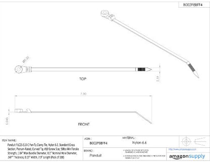 Panduit PLC2S-S6-C Pan-Ty Clamp Tie, Nylon 6.6, Standard Cross Section, Plenum-Rated, Curved Tip, #6 Screw Size, 50lbs Min Tensile Strength, 1.84" Max Bundle Diameter, .148" Nominal Hole Diameter, .047" Thickness, 0.19" Width, 7.9" Length (Pack of 100)