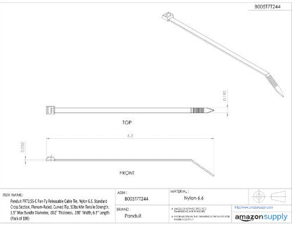 Panduit PRT2S-C Pan-Ty Releasable Cable Tie, Nylon 6.6, Standard Cross Section, Plenum-Rated, Curved Tip, 50lbs Min Tensile Strength, 1.88" Max Bundle Diameter, .052" Thickness, .190" Width, 7.4" Length (Pack of 100)