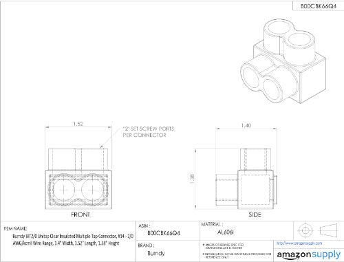 Burndy BIT2/0 Unitap Clear Insulated Multiple Tap Connector, 14-2/0 AWG/kcmil Wire Range, 1.4" Width, 1.52" Length, 1.38" Height