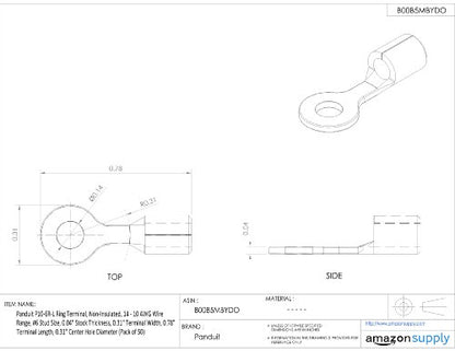 Panduit P10-6R-L Ring Terminal, Non-Insulated, 14 - 10 AWG Wire Range, #6 Stud Size, 0.04" Stock Thickness, 0.31" Terminal Width, 0.78" Terminal Length, 0.15" Center Hole Diameter (Pack of 50)