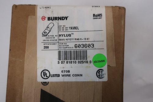 Box of 200 New BURNDY YAV8CL HYLUG 8AWG Compression Lug Ring Tongue D603289