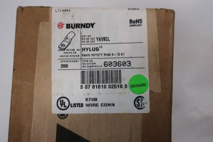 Box of 200 New BURNDY YAV8CL HYLUG 8AWG Compression Lug Ring Tongue D603289