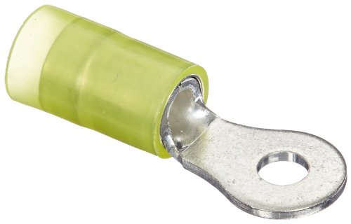 Panduit PN10-6R-L Ring Terminal, Nylon Insulated, 12 - 10 AWG Wire Range, #6 Stud Size, Yellow, 0.04" Stock Thickness, 0.225" Max Insulation, 0.37" Terminal Width, 1.06" Terminal Length, 0.15" Center Hole Diameter (Pack of 50)