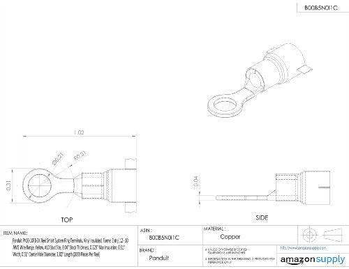 Panduit PV10-10RB-2K Reel Smart System Ring Terminals, Vinyl Insulated, Funnel Entry, 12 - 10 AWG Wire Range, Yellow, #10 Stud Size, 0.04" Stock Thickness, 0.225" Max Insulation, 0.31" Width, 0.2" Center Hole Diameter, 1.02" Length (2000 Pieces Per Reel)