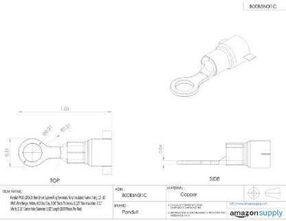 Panduit PV10-10RB-2K Reel Smart System Ring Terminals, Vinyl Insulated, Funnel Entry, 12 - 10 AWG Wire Range, Yellow, #10 Stud Size, 0.04" Stock Thickness, 0.225" Max Insulation, 0.31" Width, 0.2" Center Hole Diameter, 1.02" Length (2000 Pieces Per Reel)