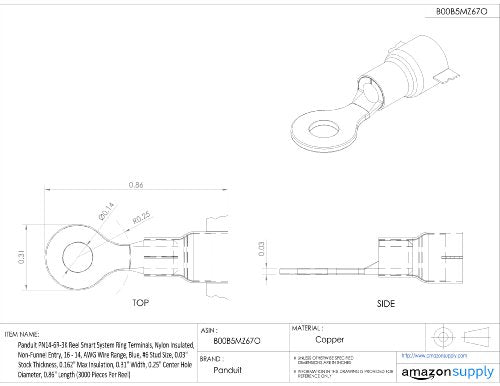 Panduit PN14-6R-3K Reel Smart System Ring Terminals, Nylon Insulated, Non-Funnel Entry, 16 - 14, AWG Wire Range, Blue, #6 Stud Size, 0.03" Stock Thickness, 0.162" Max Insulation, 0.31" Width, 0.15" Center Hole Diameter, 0.86" Length (3000 Pieces Per Reel)