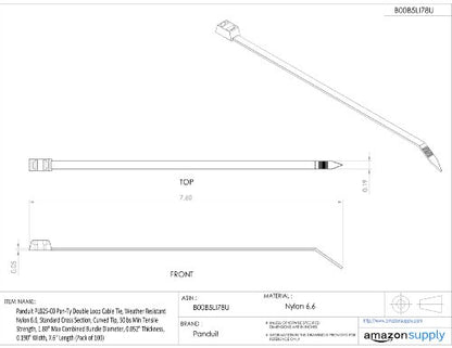 Panduit PLB2S-M30 Pan-Ty Double Loop Cable Tie, Heat Stabilized Nylon 6.6, Standard Cross Section, Curved Tip, 50lbs Min Tensile Strength, 1.80" Max Combined Bundle Diameter, 0.052" Thickness, 0.190" Width, 7.6" Length (Pack of 1000)