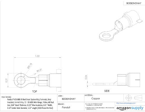 Panduit PV10-8RB-2K Reel Smart System Ring Terminals, Vinyl Insulated, Funnel Entry, 12 - 10 AWG Wire Range, Yellow, #8 Stud Size, 0.04" Stock Thickness, 0.225" Max Insulation, 0.31" Width, 0.17" Center Hole Diameter, 1.02" Length (2000 Pieces Per Reel)