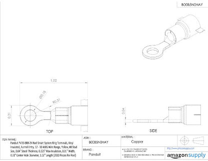 Panduit PV10-8RB-2K Reel Smart System Ring Terminals, Vinyl Insulated, Funnel Entry, 12 - 10 AWG Wire Range, Yellow, #8 Stud Size, 0.04" Stock Thickness, 0.225" Max Insulation, 0.31" Width, 0.17" Center Hole Diameter, 1.02" Length (2000 Pieces Per Reel)