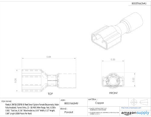 Panduit DNF18-250FIB-3K Reel Smart System Female Disconnects, Nylon Fully Insulated, Funnel Entry, 22 - 18 AWG Wire Range, Red , 0.250 x 0.032 " Tab Size, 0.136 " Max Insulation, 0.35" Width, 0.22" Height, 0.84" Length (3000 Pieces Per Reel)