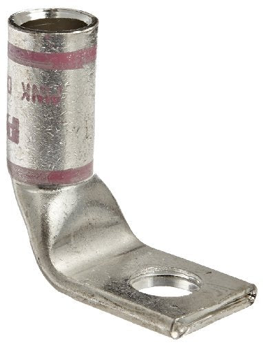 Panduit LCA1/0-38F-X Code Conductor Lug, One Hole, Standard Barrel With Window, 90 Degree Angle, 1/0 AWG Copper Conductor Size, 3/8 Stud Hole Size, Pink Color Code, 0.12 Tongue Thickness, 0.76 Tongue Width, 0.94 Neck Length, 1.58 Overall Length by Panduit