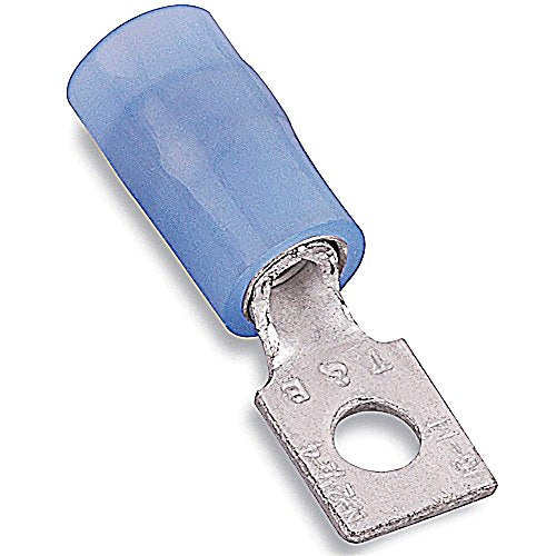 Thomas & Betts, RB484, Nylon Insulated Rectangular Ring Terminal, Bolt Hole #6, Wire Range #16-#14 AWG, Color Blue, Copper, Tin Plated