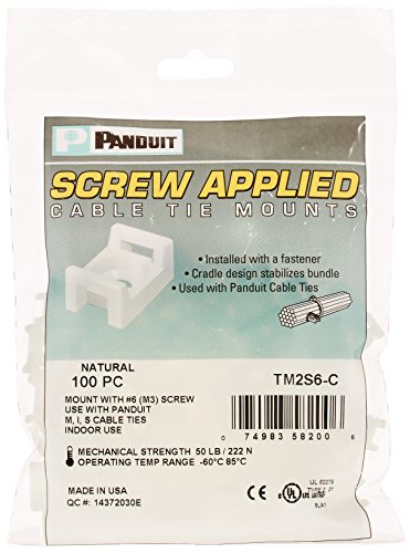 Panduit TM2S6-C Cable Tie Mount, Screw Applied, #6 Screw Mounting Method, 0.29" Counterbore Diameter, 0.28" Height, 0.43" Width, 0.63" Length (Pack of 100)